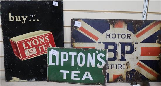 Three enamel signs: Motor Spirit, Lyons Tea and Liptons Tea 41 x 66cm, 51 x 38cm and 38 x 23cm